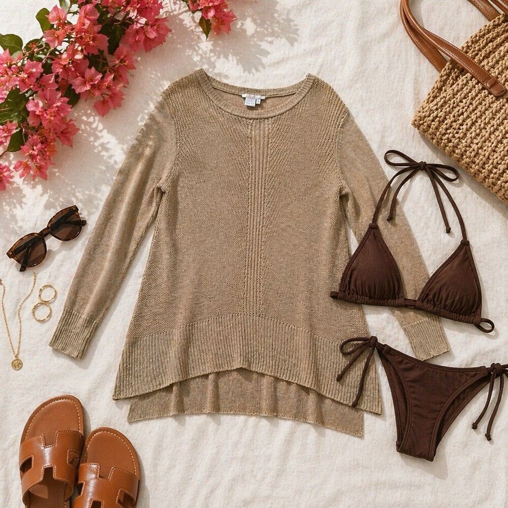Linen Blend Open Knit Cardigan Oversized Beige Coastal Lightweight Layer Resort